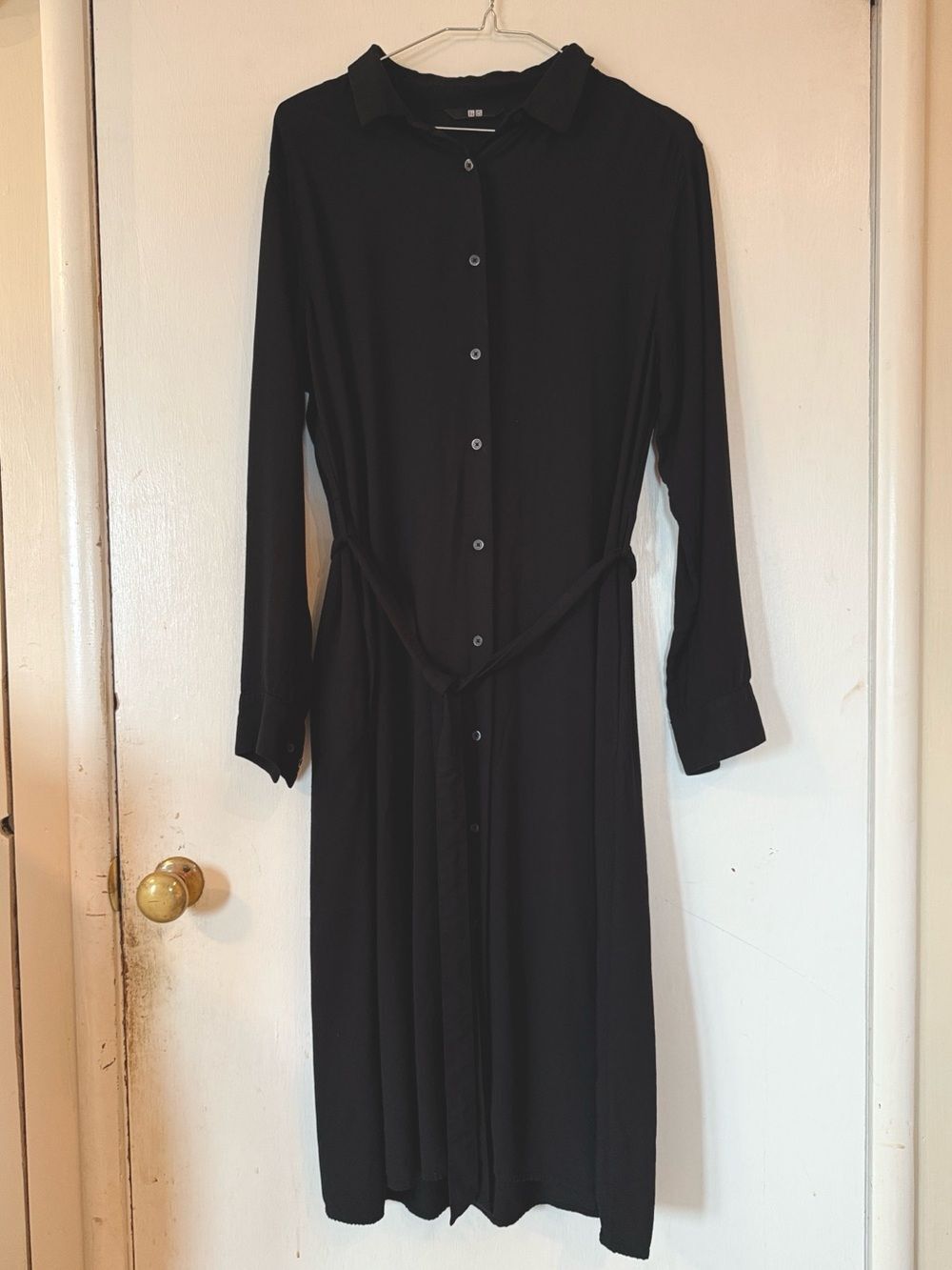 Uniqlo Rayon Long Sleeve Shirt Dress Black Tie Belt 291 414458 Women's Med